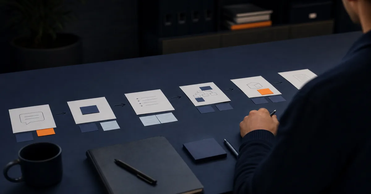 Prompt vs Workflow: Prozesskette mit Zetteln am Desk — Bernd Wiest Consulting